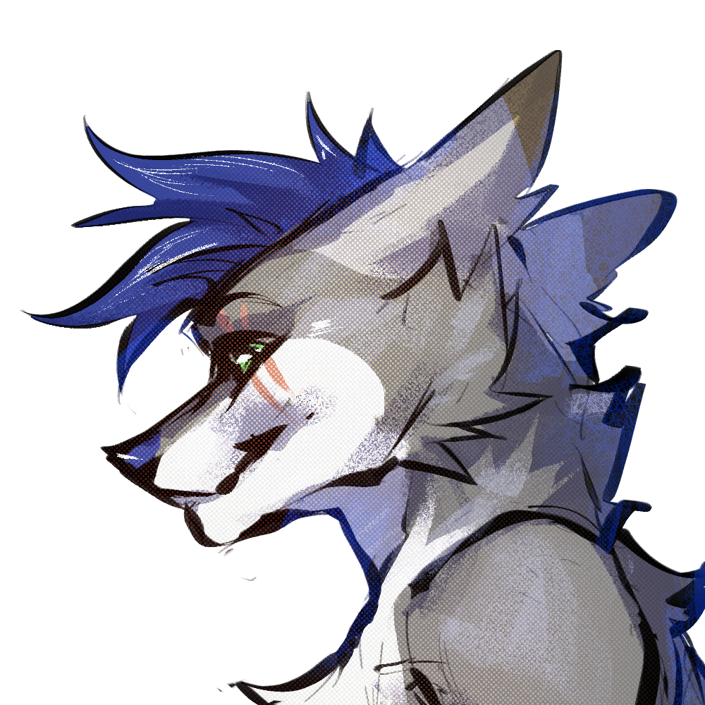 Headshot of a gray wolf with blue hair, a blue nose. There is a scar running down their left eye.